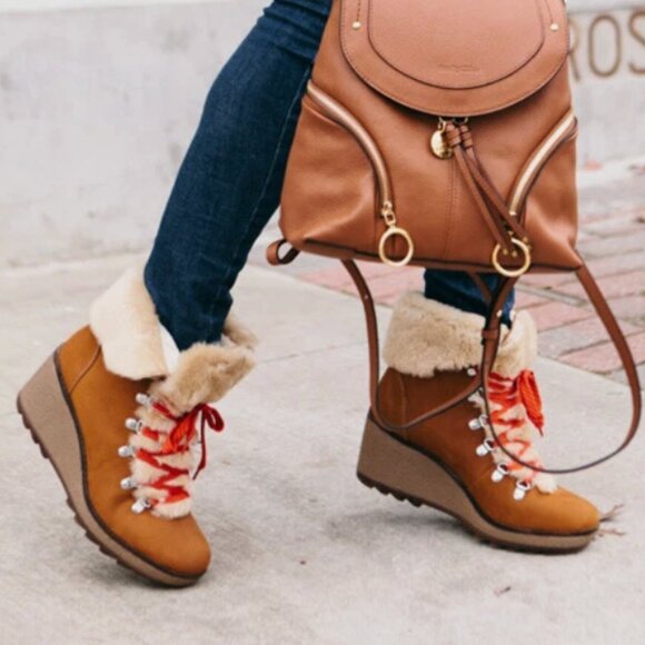 J.Crew Nordic Wedge Nubuck Faux Fur Lined Boots in Glazed Pecan Red Laces Size 9 - Picture 2 of 12